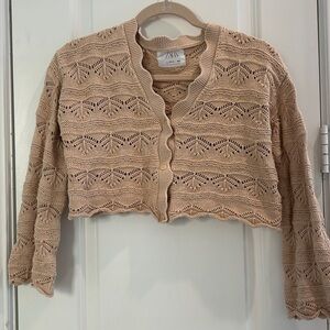 Girls Zara Tan Crochet Knit cropped Cardigan